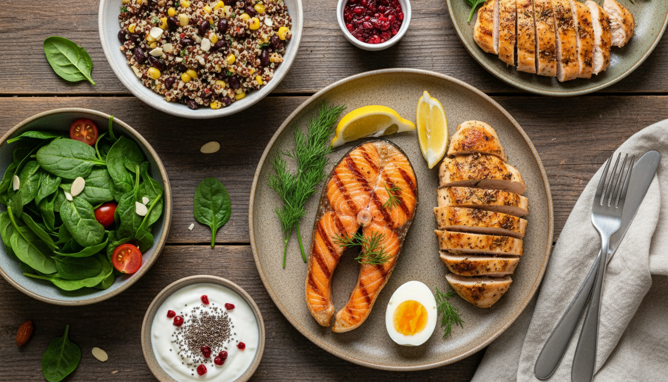 High-protein meal example — chicken, eggs, lentils, tofu