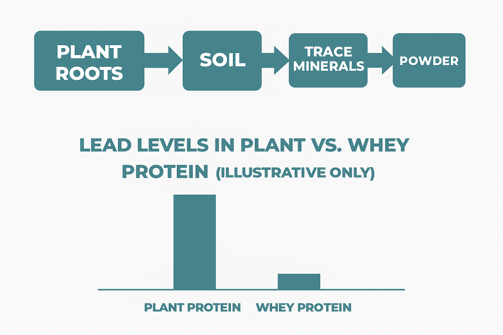Infographic explaining how plants can absorb trace minerals like lead from soil used in protein powder production
