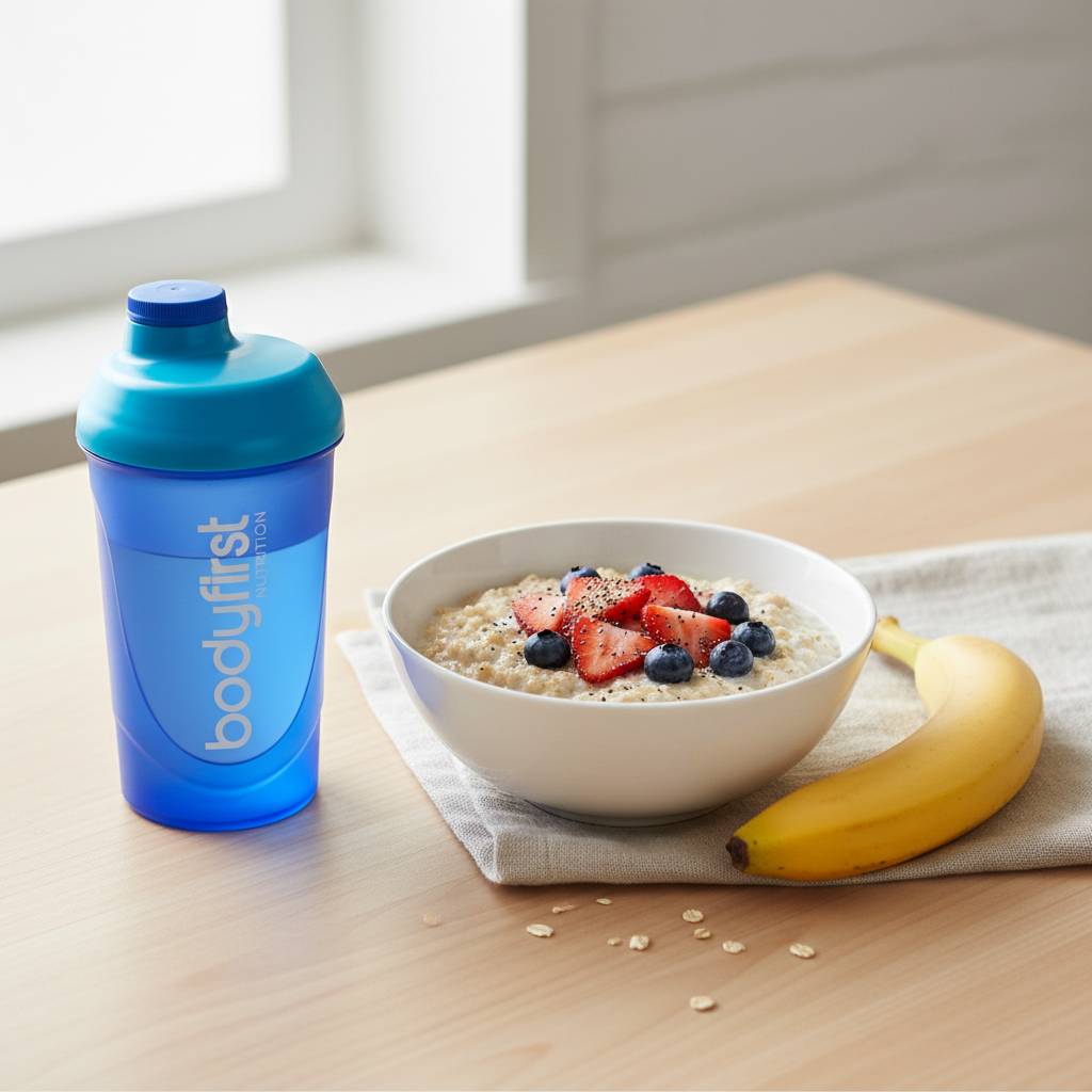 Pre-marathon breakfast ideas with oats, banana, and Bodyfirst protein shake