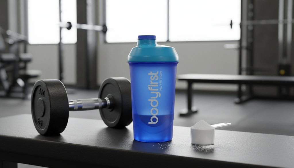 Creatine supplement and shaker on gym bench — daily dosage guide