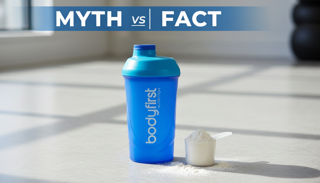 Protein shake and scoop of protein powder on a clean gym surface – Bodyfirst Nutrition blog about lead in protein shakes
