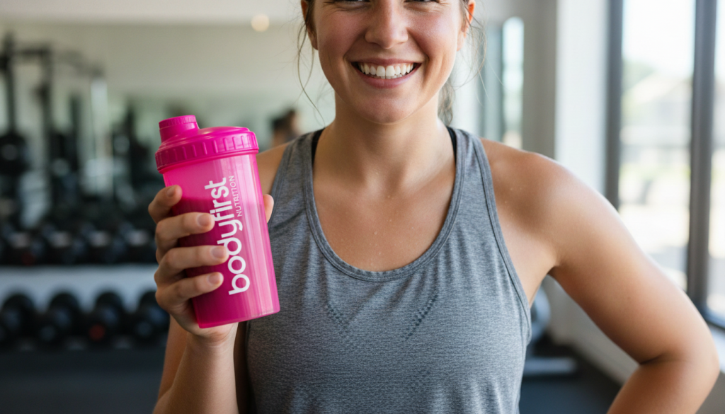 Gym-goer enjoying a post-workout protein shake confidently, symbolising safe supplement use