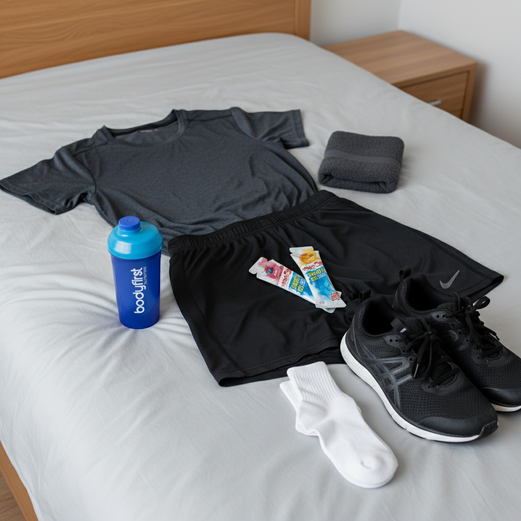 Gym gear laid out on a bed with a bodyfirst shaker and energy gels