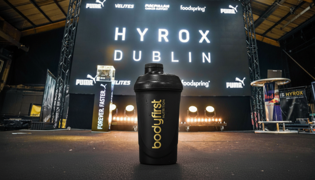 The screen at Hyrox Dublin with a Bodyfirst Nutrition shaker