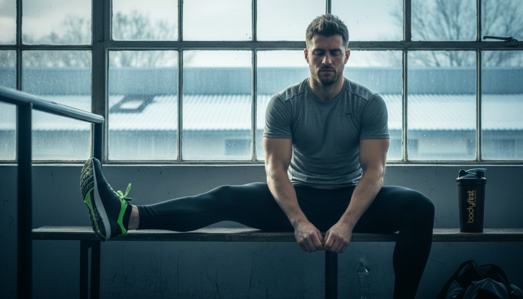 A gym-goer looking tired but gearing up with winter light from a window