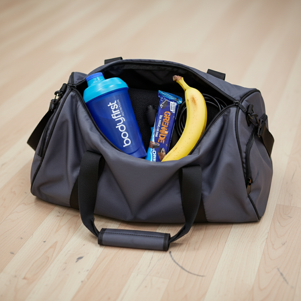 Gym bag with a banana, protein bar, and shaker peeking out