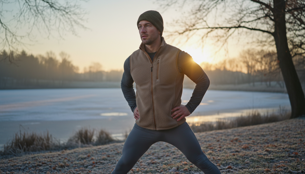 Man stretching outdoors in the winter sun