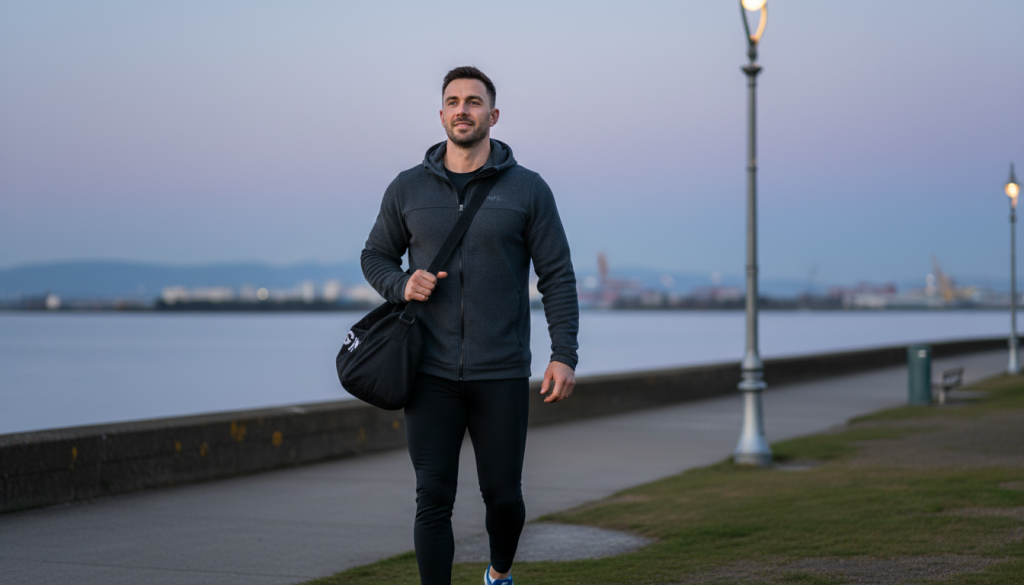 Man with a gym bag walking along the clontarf coast at dusk