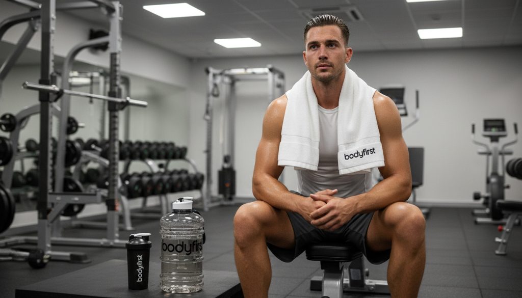 Man sitting in a gym post training