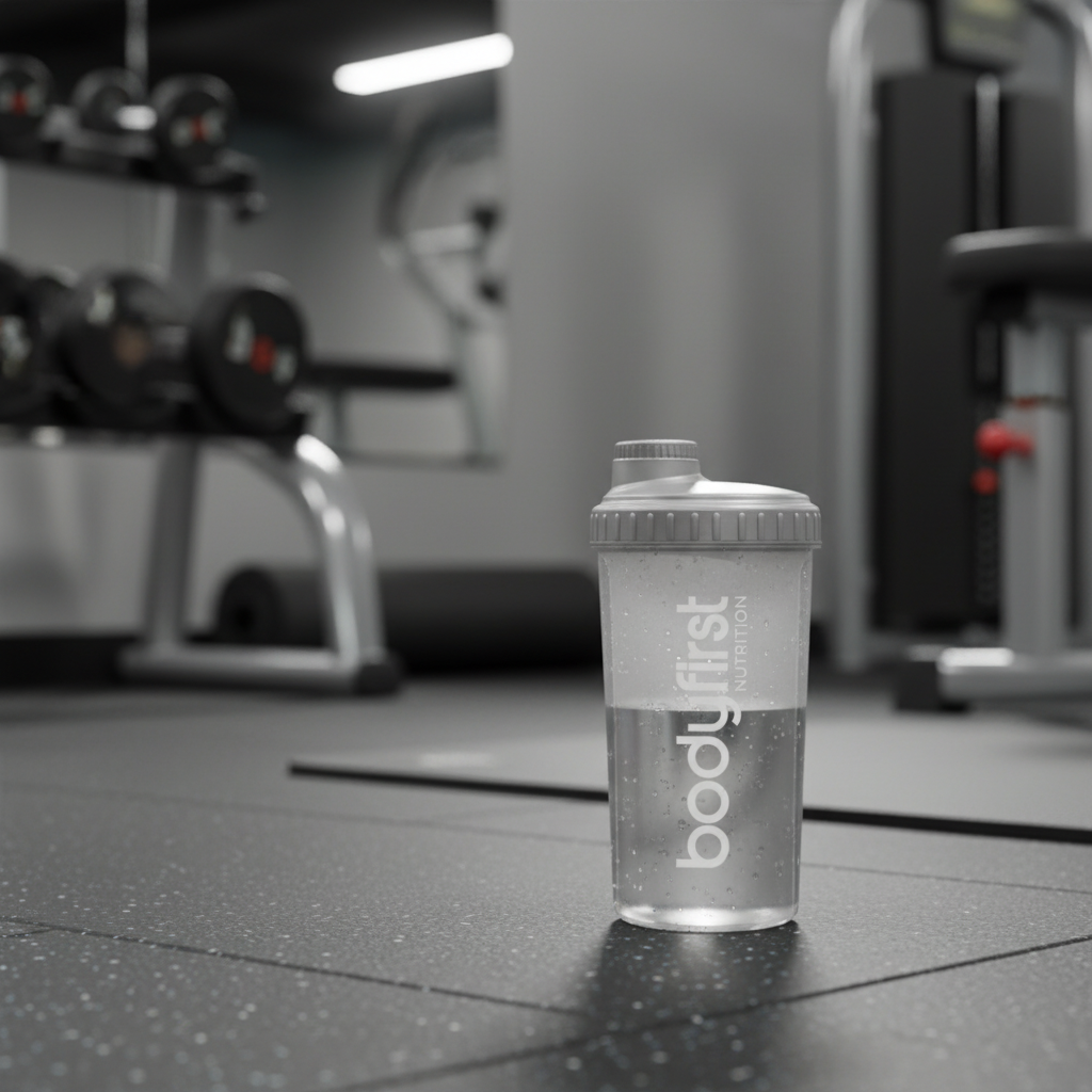 Refillable water bottle on gym floor