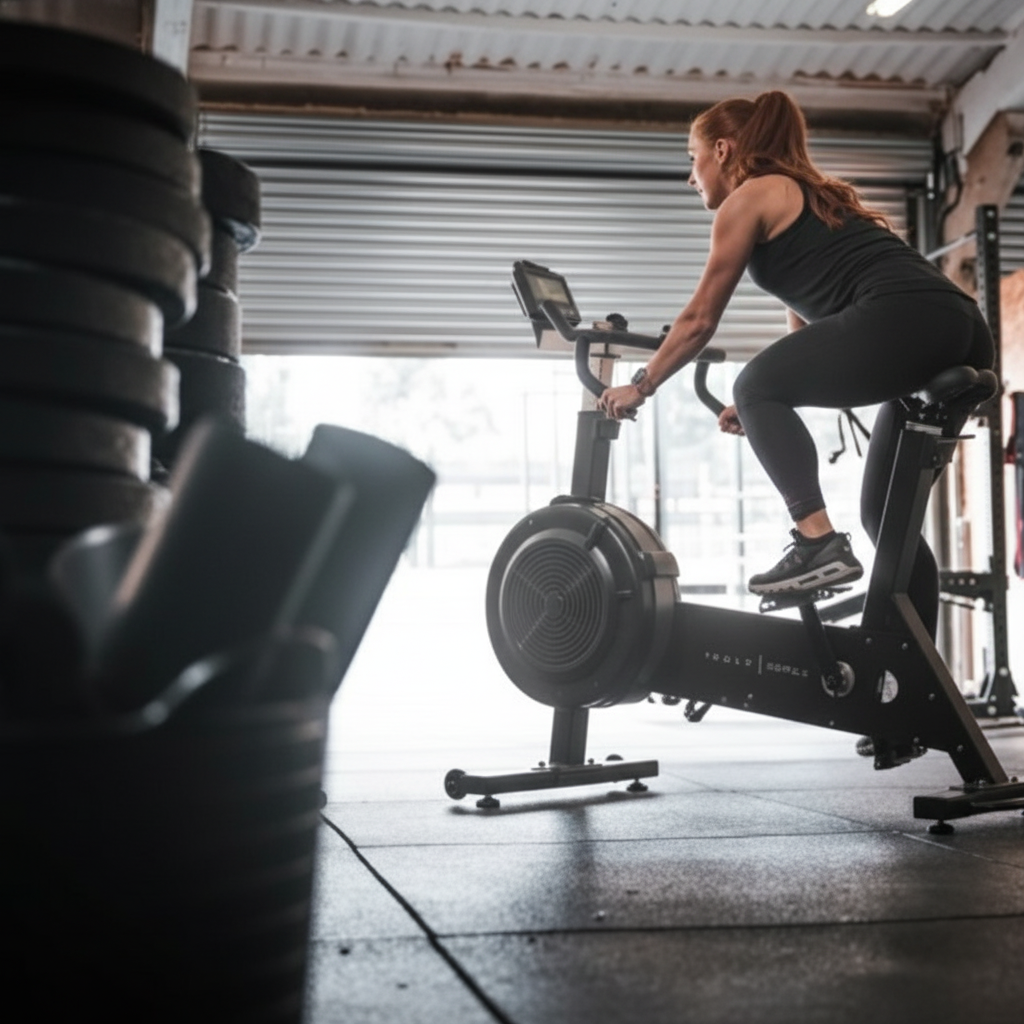 Woman on a bike erg light cycling